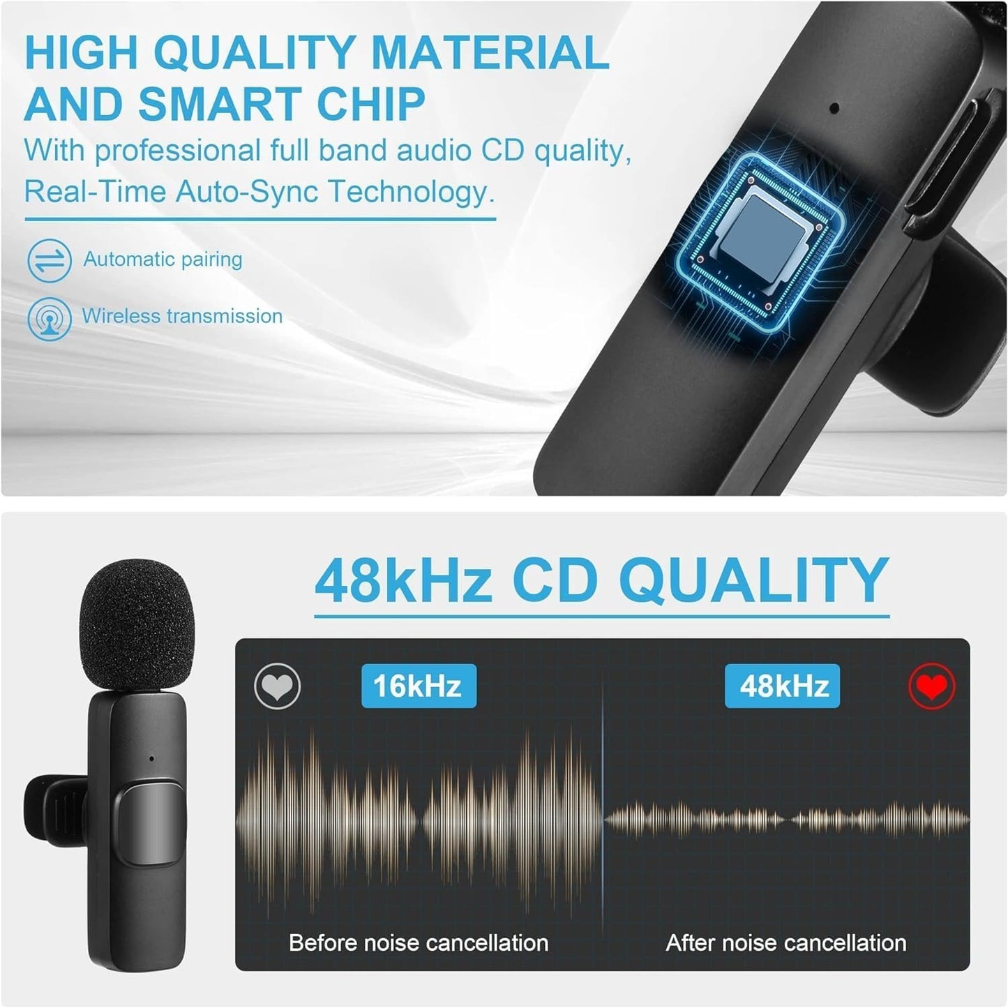 K9 Dual Microphone Mic Plug & Play USB Type C & IOS Wireless Lavalier Microphone Auto Sync Noise Reduction NO APP or Bluetooth Needed- Dual Mic