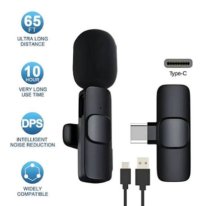K9 Dual Microphone Mic Plug &amp; Play USB Type C &amp; IOS Wireless Lavalier Microphone Auto Sync Noise Reduction NO APP or Bluetooth Needed- Dual Mic